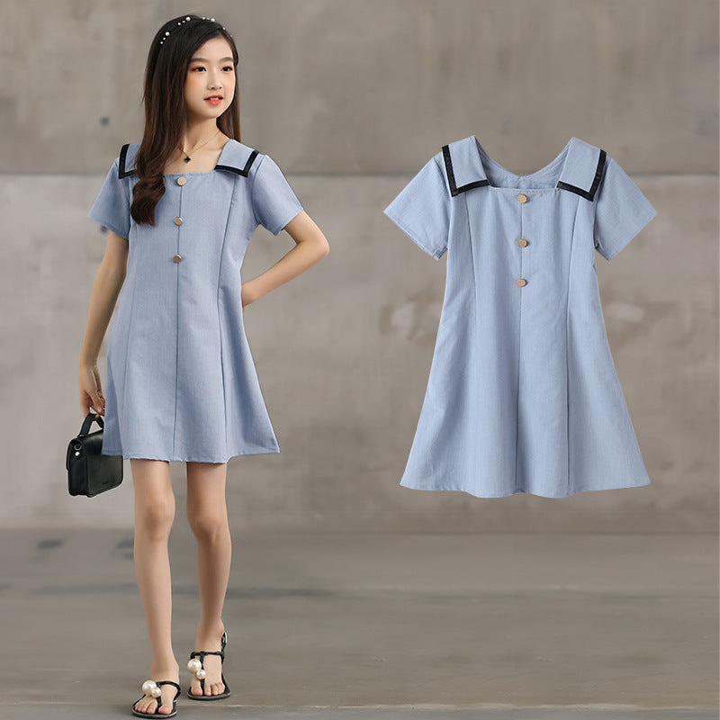 New Design Summer Kids Girls French Style Simple Square Neck Turndown Collar Dress