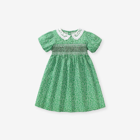 Summer Baby Kids Girls Short Sleeves Lace Collar Vine Print Dress