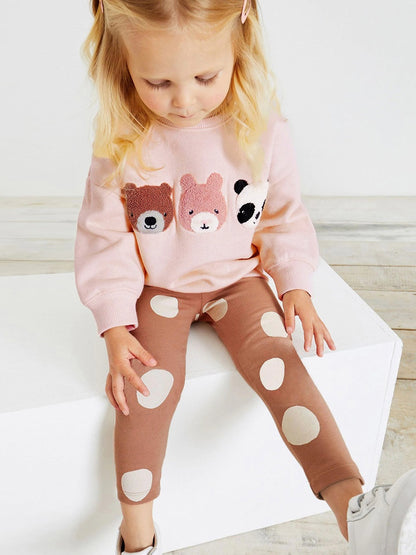 Spring Baby Kids Girls Animals Embroidery Long Sleeves Pullover And Polka Dots Pants  Clothing Set