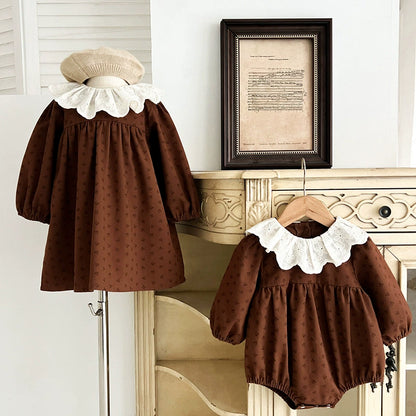 Autumn Baby Girls French Style Vintage Flowers Pattern Long-sleeved Onesies and Dress – Princess Sister Matching Set, MyKids-USA®, Baby & Toddler Dresses, MyKids-USA -  -  -  -  -  -  - 