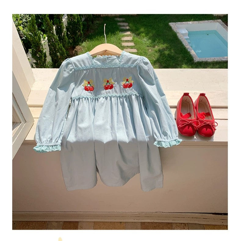 Autumn Arrival Baby Kids Girls Cherry Embroidered Pattern Long Sleeves Dress, MyKids-USA®, Baby & Toddler Dresses, MyKids-USA - Size/Age - 90 (12-24M) - Color - Blue -  -  - TR2508312336-A