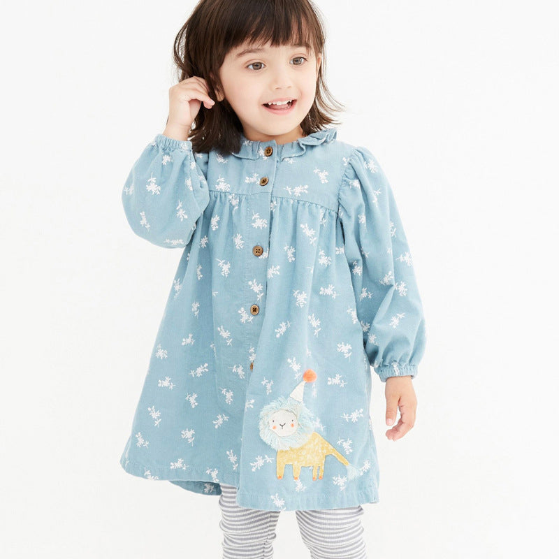 New Arrival Girls’ Corduroy Leaves Pattern Dress And Striped Pants Two-Piece Set