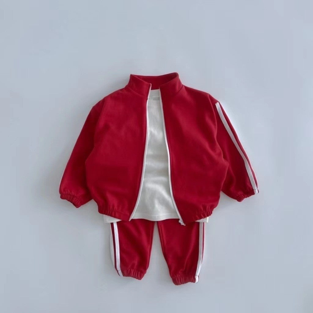 Autumn Kids Unisex Casual Striped Long Sleeves Zip-up Stand Collar Top and Pants Clothing Set, MyKids-USA®, Baby & Toddler Outfits, MyKids-USA - Size/Age - 73 (6-9M) - Color - Red -  -  - TR2411172337-E