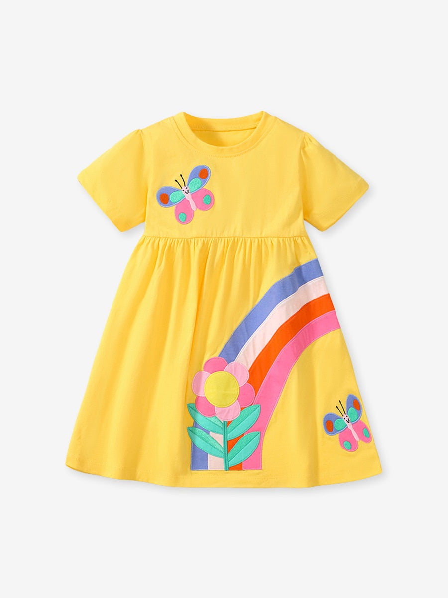 Spring And Summer Baby Girls Short Sleeves Rainbow Butterfly Floral Dress