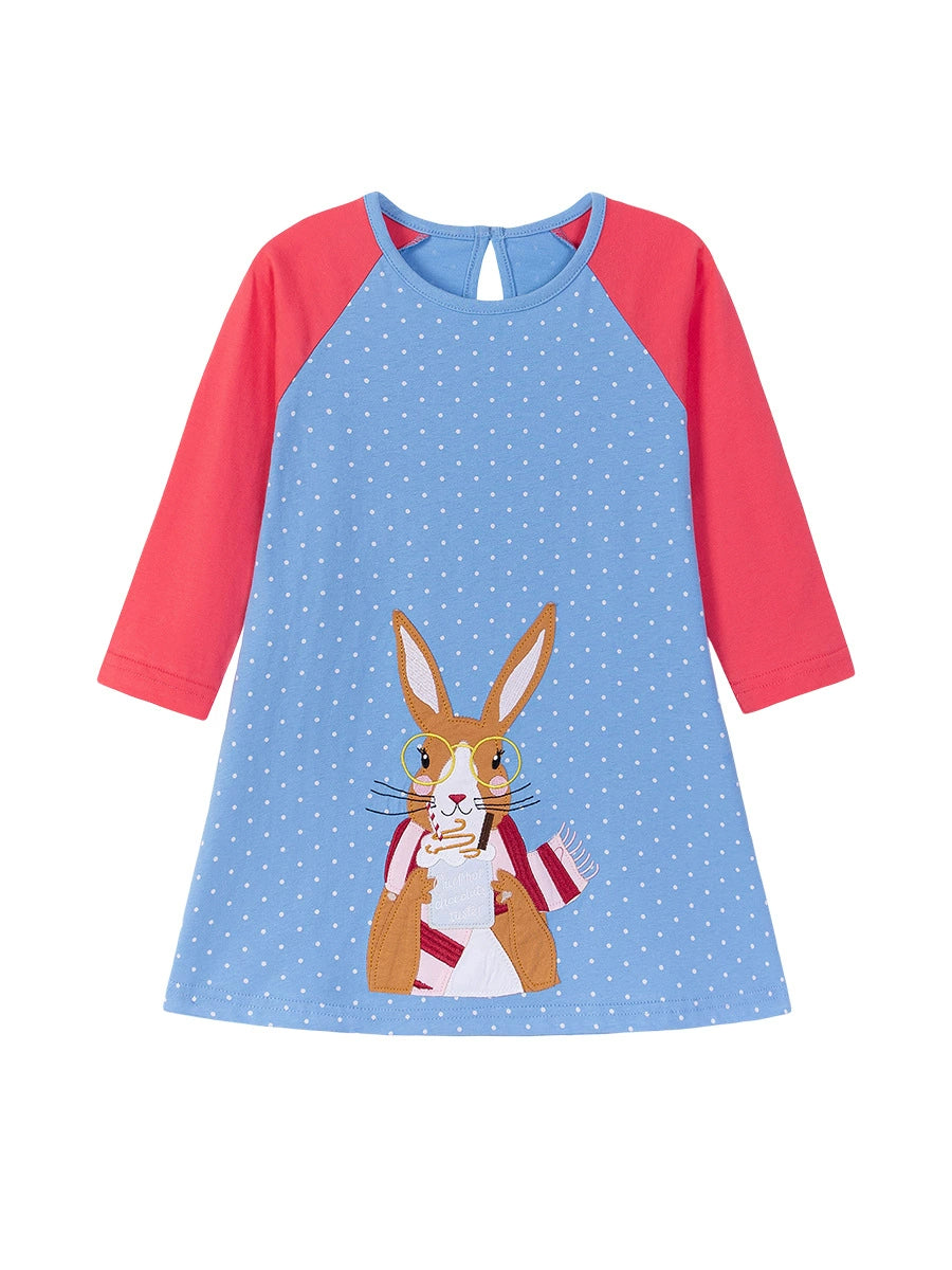 Autumn Arrival Cartoon Rabbit Pattern Long Sleeves Crew Neck Color Patchwork Dress for Stylish Girls, MyKids-USA®, Baby & Toddler Dresses, MyKids-USA -  -  -  -  -  -  - 