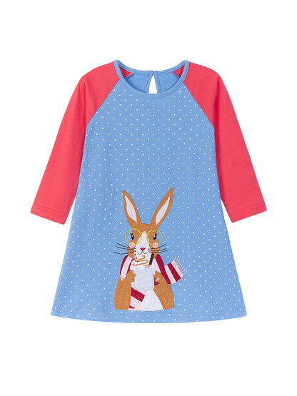 Autumn Arrival Cartoon Rabbit Pattern Long Sleeves Crew Neck Color Patchwork Dress for Stylish Girls, MyKids-USA®, Baby & Toddler Dresses, MyKids-USA -  -  -  -  -  -  - 