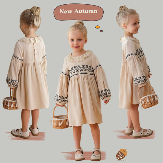 Design Autumn Girls Floral and Geometric Pattern Ruffle Collar Long Sleeves Dress, MyKids-USA®, Baby & Toddler Dresses, MyKids-USA -  -  -  -  -  -  - 