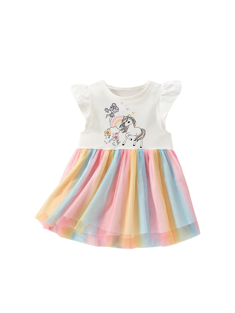 Summer Arrival Animals and Flowers Cartoon Pattern Fly Sleeves Tulle Patchwork Dress for Stylish Girls, MyKids-USA®, Baby & Toddler Dresses, MyKids-USA -  -  -  -  -  -  - 