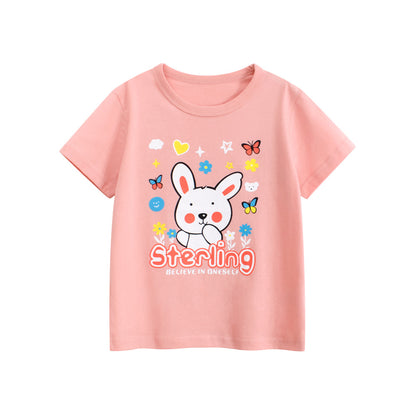 Summer Girls’ Cartoon Rabbit and Letters Pattern Printed T-shirt in European and American Style, MyKids-USA®, Baby & Toddler Tops, MyKids-USA - Size/Age - 90 (12-24M) - Color - Pink -  -  - TR2506171645-A
