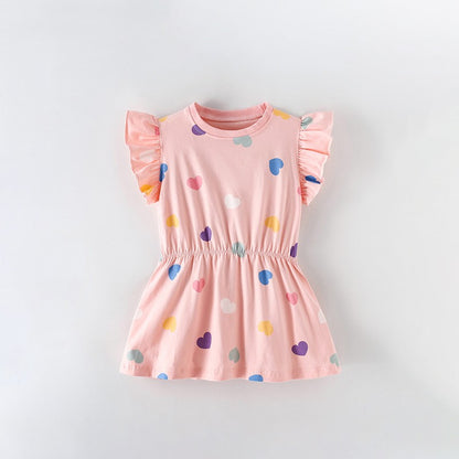 Summer Baby Kids Girls Fly Sleeves Hearts Pattern Dress