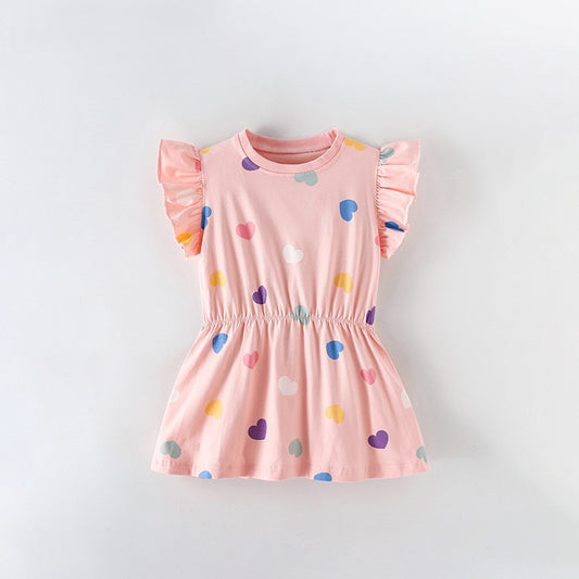 Summer Baby Kids Girls Fly Sleeves Hearts Pattern Dress