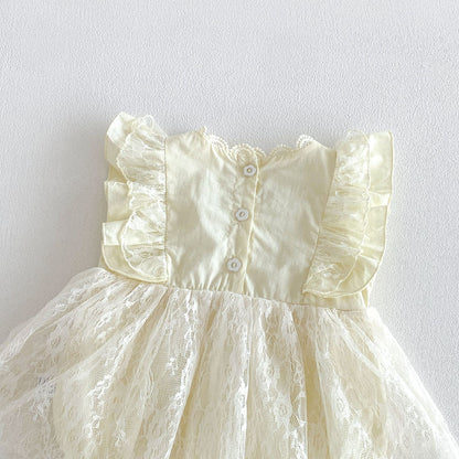 Summer Arrival Baby Girls Sleeveless Flowers Pattern Tulle Patchwork Bodysuit Dress