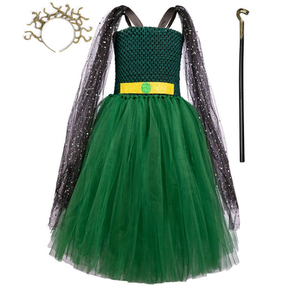 Halloween Medusa Witch Costume Set Dress with Headpiece and Staff, MyKids-USA®, Costume Sets, MyKids-USA - Size/Age - S (1-3Y) - Color - Green -  -  - TR2508202302-A.