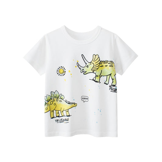 Boys’ Dinosaurs Cartoon Print Beige T-Shirt In European And American Style