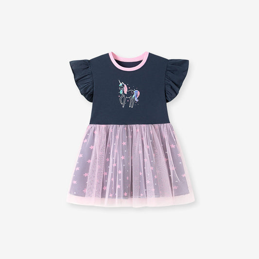Summer Arrival Unicorn and Stars Pattern Fly Sleeves Color Patchwork Dress for Stylish Girls