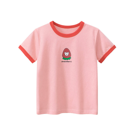 Strawberry Bear Printing Girls’ T-Shirt In European And American Style For Summer