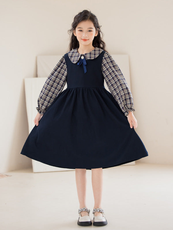 Arrival Autumn Kids Girls Long Sleeves Preppy Plaid Top and Sleeveless Dress Sets