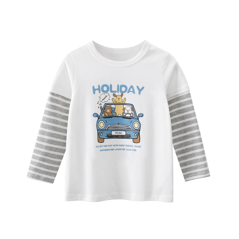 Spring Baby Kids Unisex Letters and Cartoon Print Striped Long Sleeves Crew Neck Top Shirt, MyKids-USA®, Shirts, MyKids-USA - Size/Age - 90 (12-24M) - Color - Grey -  -  - TR2603122217-A.