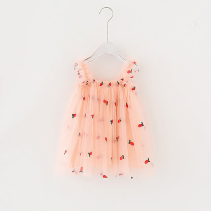 Summer Baby Kids Girls Sleeveless Floral and Fruits Pattern Tulle Strap Dress, MyKids-USA®, Baby & Children's Dresses, MyKids-USA - Size/Age - 80 (9-12M) - Color - Light Pink -  -  - TR2605232046-B.