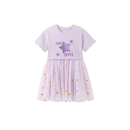 Summer Arrival Stars and Letters Pattern Short Sleeves Tulle Patchwork Dress for Stylish Girls, MyKids-USA®, Baby & Toddler Dresses, MyKids-USA - Size/Age - 90 (12-24M) - Color - Purple -  -  - TR2601251632-A.