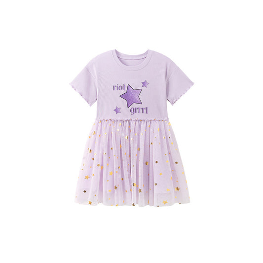 Summer Arrival Stars and Letters Pattern Short Sleeves Tulle Patchwork Dress for Stylish Girls, MyKids-USA®, Baby & Toddler Dresses, MyKids-USA - Size/Age - 90 (12-24M) - Color - Purple -  -  - TR2601251632-A.