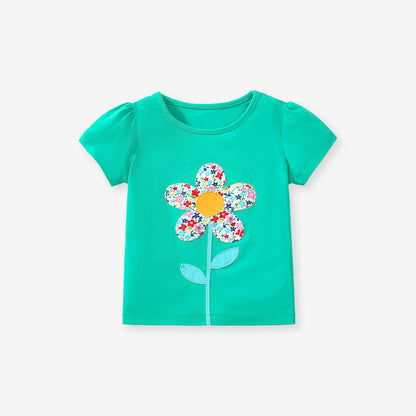 Crew Neck Girls Flower Pattern T-Shirt In European And American Style For Summer