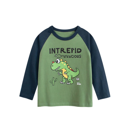 Autumn Baby Kids Boys Letters and Dinosaur Print Color Patchwork Long Sleeves Crew Neck Base Top Shirt, MyKids-USA®, Shirts, MyKids-USA - Size/Age - 90 (12-24M) - Color - Green -  -  - TR2507252001-A