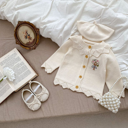 Infant Baby Girls Embroidery Jacquard Long-Sleeved Cardigan