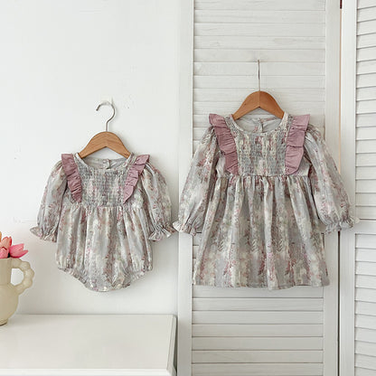 Spring Baby Girls French-style Floral Long-sleeved Onesies and Dress – Princess Sister Matching Set, MyKids-USA®, Baby & Toddler Outfits, MyKids-USA -  -  -  -  -  -  - 
