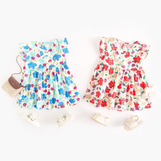 Summer New Design Baby Girls Oil Painting Style Floral Print Fly Sleeves Crew Neck Dress