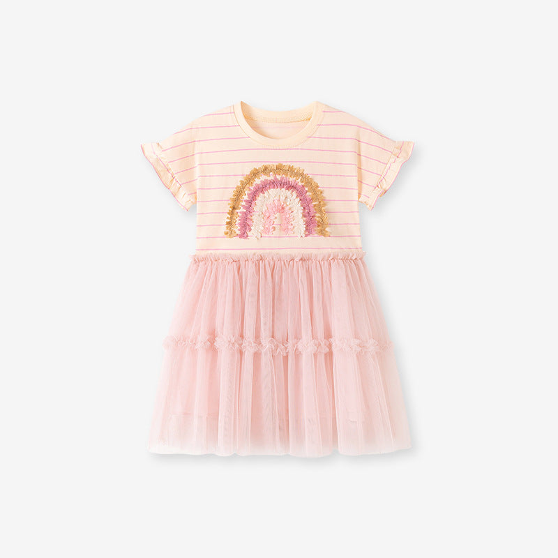 Summer Arrival Rainbow and Striped Pattern Short Sleeves Dress for Stylish Girls, MyKids-USA®, Baby & Children's Dresses, MyKids-USA - Size/Age - 90 (12-24M) - Color - Pink -  -  - TR2604291412-A.
