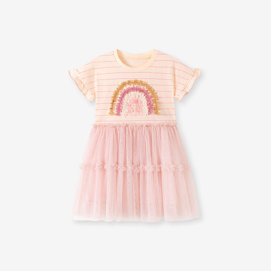 Summer Arrival Rainbow and Striped Pattern Short Sleeves Dress for Stylish Girls, MyKids-USA®, Baby & Children's Dresses, MyKids-USA - Size/Age - 90 (12-24M) - Color - Pink -  -  - TR2604291412-A.