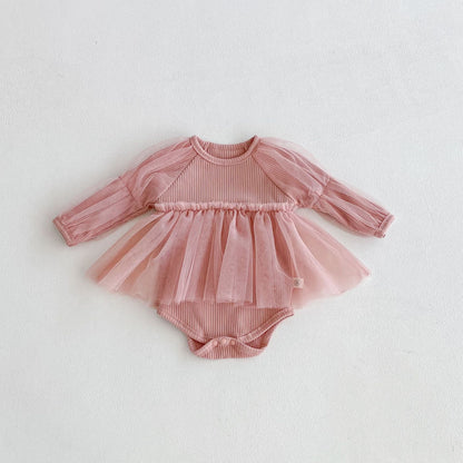 Autumn Arrival Baby Girls Long Sleeves Tulle Patchwork Solid Color Onesies, MyKids-USA®, Baby One-Pieces, MyKids-USA - Size/Age - 66 (3-6M) - Color - Pink -  -  - TR2511042358-B