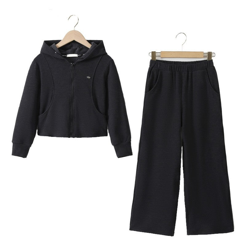 Arrival Autumn Kids Girls Long Sleeves Plain Zip-up Hoodie and Black Pants Clothing Set