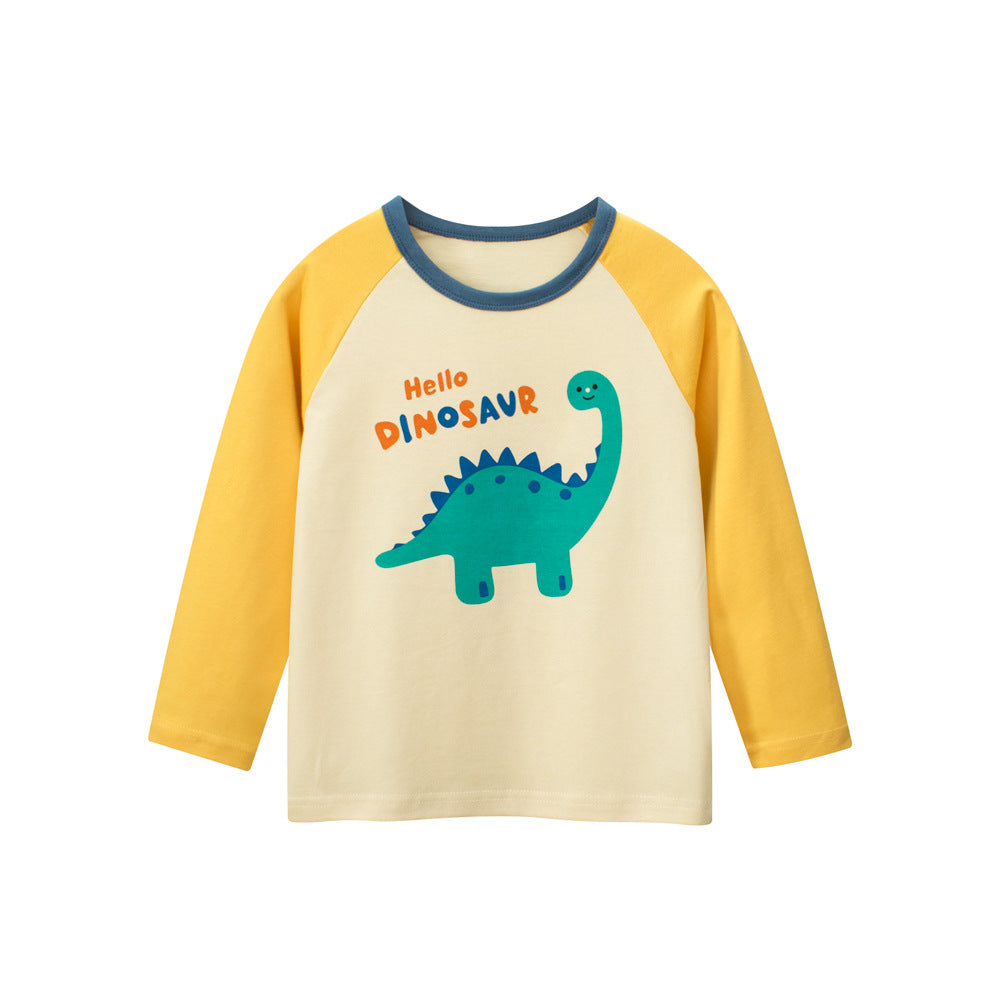 Autumn Baby Kids Unisex Letters and Dinosaur Print Color Patchwork Long Sleeves Crew Neck Base Top Shirt, MyKids-USA®, Baby & Toddler Tops, MyKids-USA - Size/Age - 90 (12-24M) - Color - Yellow -  -  - TR2507242048-A