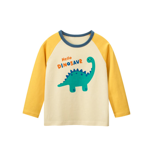 Autumn Baby Kids Unisex Letters and Dinosaur Print Color Patchwork Long Sleeves Crew Neck Base Top Shirt, MyKids-USA®, Baby & Toddler Tops, MyKids-USA - Size/Age - 90 (12-24M) - Color - Yellow -  -  - TR2507242048-A