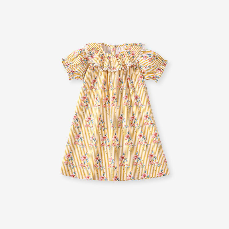 Summer Arrival Flowers and Stripe Pattern Short Sleeves Dress for Stylish Girls, MyKids-USA®, Baby & Toddler Dresses, MyKids-USA - Size/Age - 90 (12-24M) - Color - Yellow -  -  - TR2503161744-A