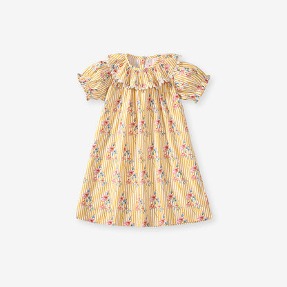 Summer Arrival Flowers and Stripe Pattern Short Sleeves Dress for Stylish Girls, MyKids-USA®, Baby & Toddler Dresses, MyKids-USA - Size/Age - 90 (12-24M) - Color - Yellow -  -  - TR2503161744-A