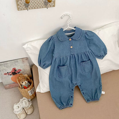 Autumn and Spring Arrival Baby Casual Pocketed Denim Rompers with Turn-down Collar, MyKids-USA®, Baby One-Pieces, MyKids-USA -  -  -  -  -  -  - 
