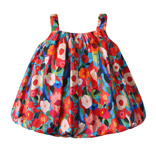 New Design Summer Girls Vivid Floral Print Sleeveless Strap Dress