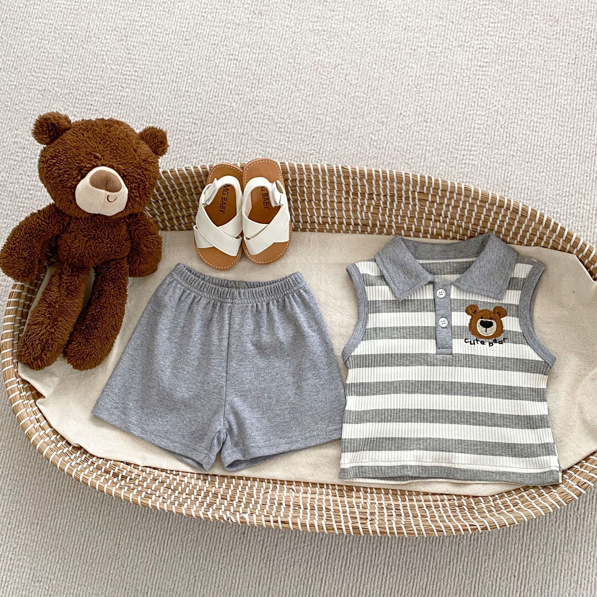 Summer Baby Kids Boys Striped Pattern Sleeveless Turndown Collar Top Vest And Shorts Clothing Set/ Short Sleeves bodysuit, MyKids-USA®, Baby & Toddler Outfits, MyKids-USA - Size/Age - 66 (3-6M) - Color - Apricot -  -  - TR2404282214-A.