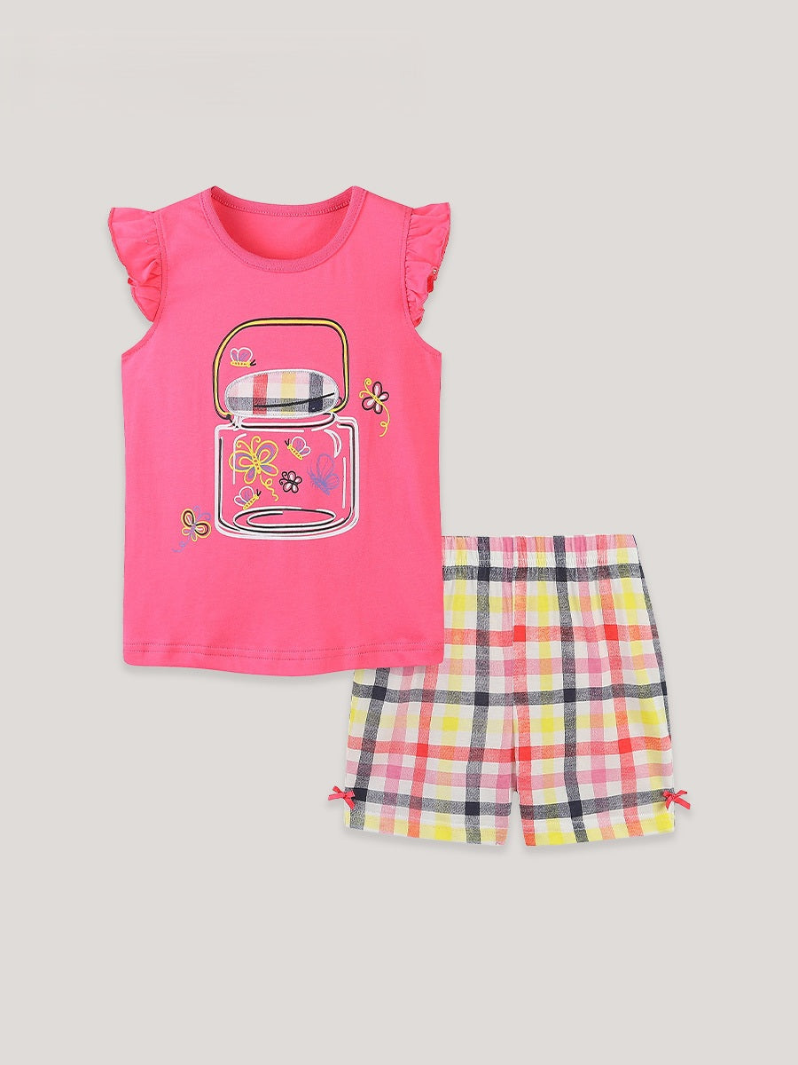 Arrival Summer Baby Kids Girls Fly Sleeves Cartoon Pattern T-shirt and Plaid Shorts Clothing Set