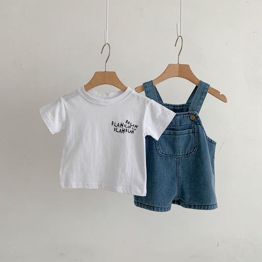 Summer Baby Kids Unisex Letter Print T-Shirt And Denim Overalls Clothing Set