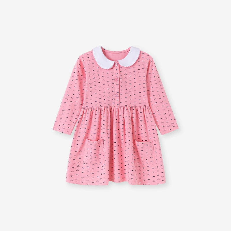 Autumn and Spring Arrival Geometric Pattern Long Sleeves Dress with Peter Pan Collar for Stylish Girls, MyKids-USA®, Baby & Toddler Dresses, MyKids-USA - SIze/Age - 90 (12-24M) - Color - Pink -  -  - TR2507272112-A