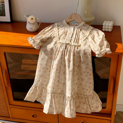 Summer Arrival French Flowers Pattern Short Puff Sleeves Dress for Stylish Girls, MyKids-USA®, Baby & Toddler Dresses, MyKids-USA - Size/Age - 90 (12-24M) - Color - Apricot -  -  - TR2503171609-A