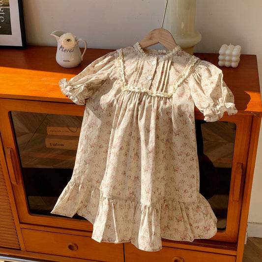 Summer Arrival French Flowers Pattern Short Puff Sleeves Dress for Stylish Girls, MyKids-USA®, Baby & Toddler Dresses, MyKids-USA - Size/Age - 90 (12-24M) - Color - Apricot -  -  - TR2503171609-A