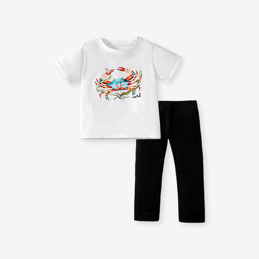 Girls Colorful Crab Cartoon T-Shirt And Black Pants Set