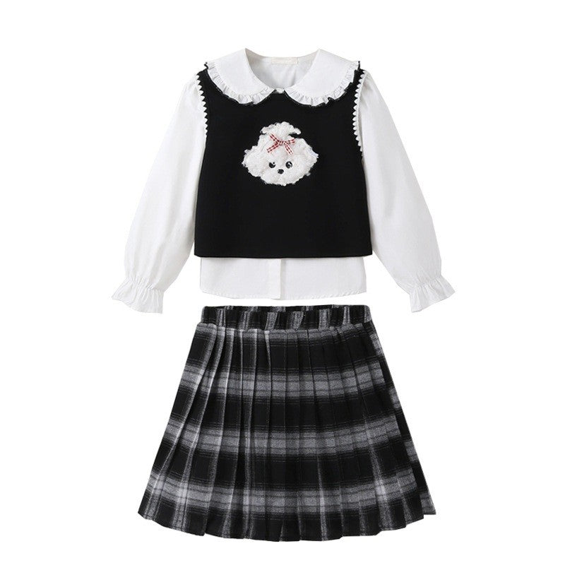 Arrival Autumn Kids Girls White Top, Sleeveless Vest and Plaid Skirt Clothing Set