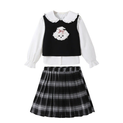 Arrival Autumn Kids Girls White Top, Sleeveless Vest and Plaid Skirt Clothing Set