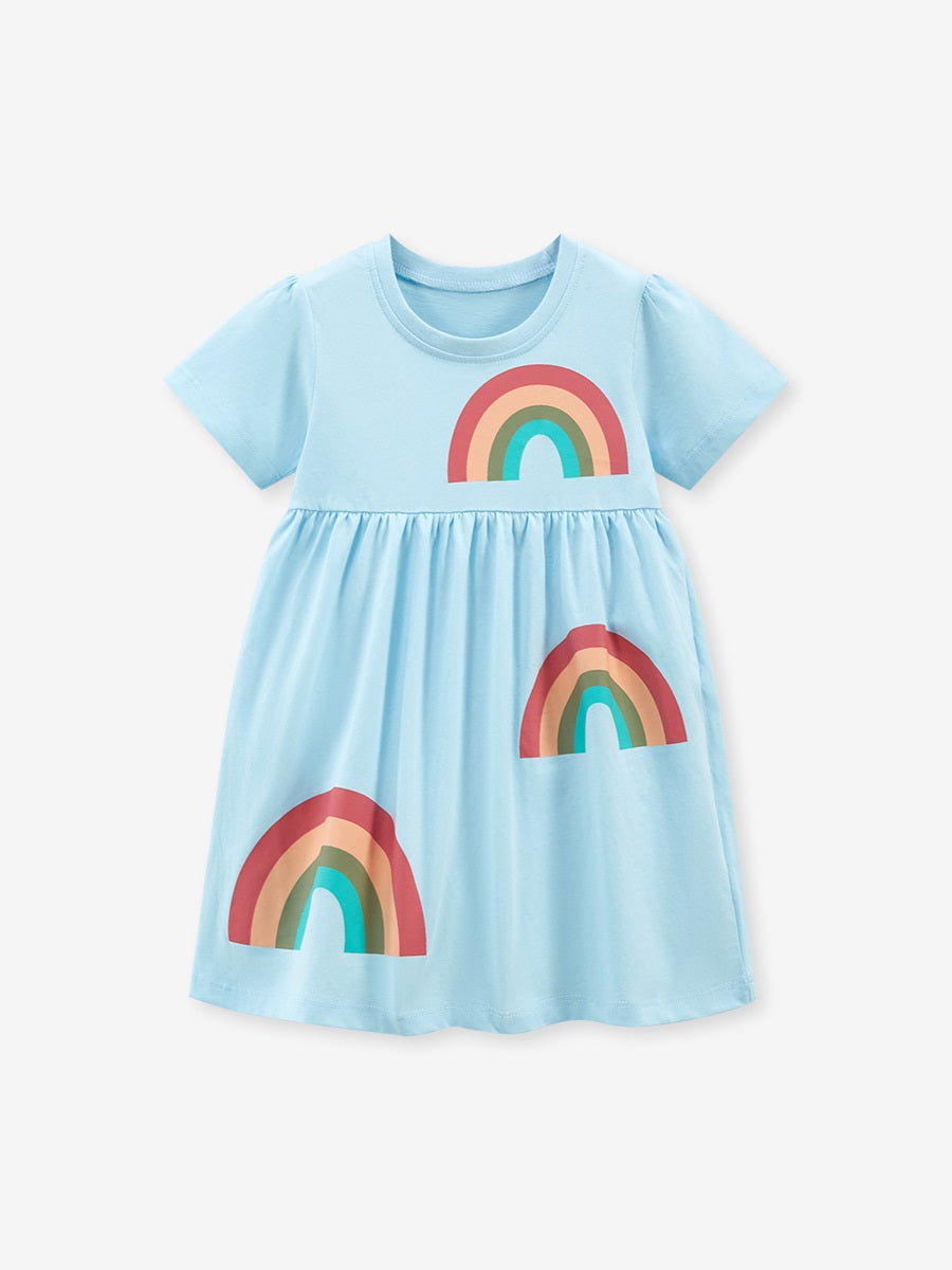Spring And Summer Baby Girls Blue Short Sleeves Rainbow Pattern Dress